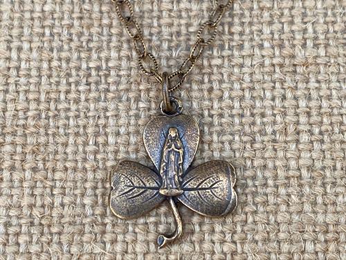 Bronze Mary Shamrock Pendant (Antique Replica from Lourdes France) Medal on Necklace, Our Lady of Lourdes on a Shamrock Pendant, Irish Gift