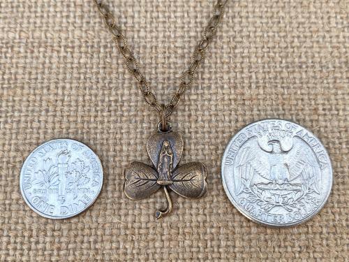 Bronze Mary Shamrock Pendant (Antique Replica from Lourdes France) Medal on Necklace, Our Lady of Lourdes on a Shamrock Pendant, Irish Gift