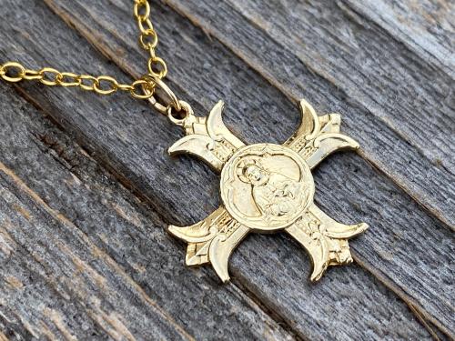 Gold Sacred Heart of Jesus Cross Medal Pendant Necklace, French Antique Replica, IHS Sacre Coeur de Jesus, Apostolat du Coeur de Jesus,