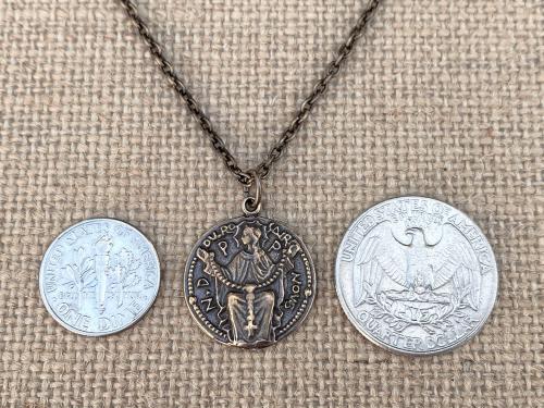 Bronze Notre Dame du Rosaire, Our Lady of the Rosary Pray for Us, Antique Replica, Medal Pendant Necklace, French Art Nouveau Marian Medal