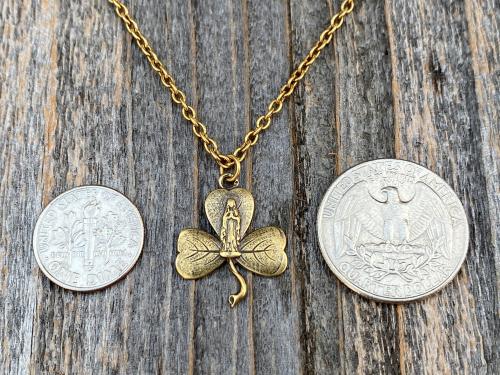 Antique Gold Mary Shamrock Pendant (Antique Replica from Lourdes France) Medal Necklace, Our Lady of Lourdes on Shamrock Pendant, Irish Gift