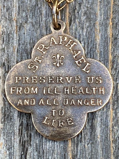 Bronze St Raphael the Archangel, Angel of Healing, Antique Replica Medal and Necklace, Preserve Us From Ill Health And All Danger To Life