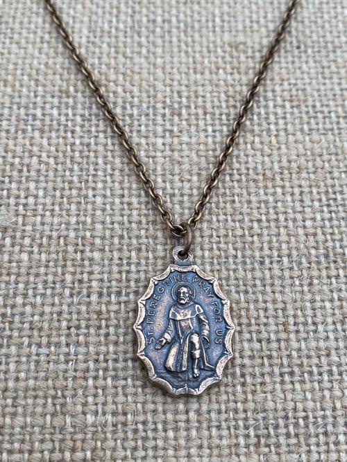 Bronze St. Peregrine Pray for Us Medal Necklace, Antique Replica, Patron Saint of Cancer, Saint Peregrinus Laziosi, Pellegrino, Cancer Saint