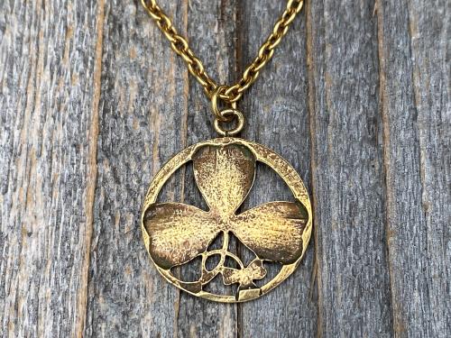 Antique Gold St. Patrick Shamrock Pendant Medal Necklace, Antique Replica, Saint Patrick Shamrock, St Patrick Doctrine of Trinity, Ireland