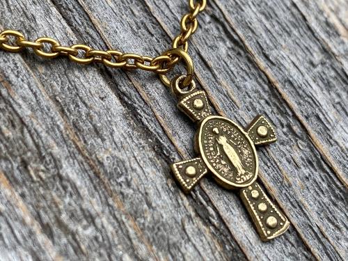 Antique Gold Miraculous Medal Cross Pendant Necklace, Antique Replica, Our Lady of Miracles, Our Lady of the Miracle, Blessed Virgin Mary