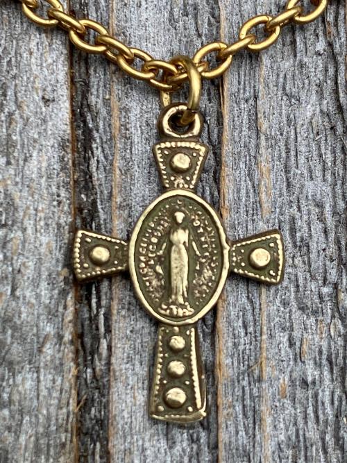 Antique Gold Miraculous Medal Cross Pendant Necklace, Antique Replica, Our Lady of Miracles, Our Lady of the Miracle, Blessed Virgin Mary