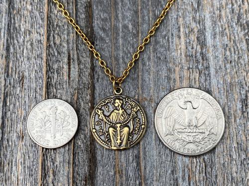 Antique Gold Notre Dame du Rosaire Medal, Our Lady of the Rosary Pendant Necklace, French Antique Replica, Blessed Virgin Mary Rare Pendant