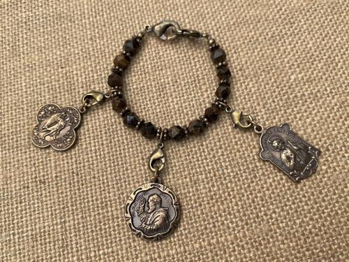 Bronzite Gemstone Loop with Lobster Clasps to Attach Bronze Medals, Crosses and Crucifixes, Keychain for Medals, Prayer Organizer for Medals