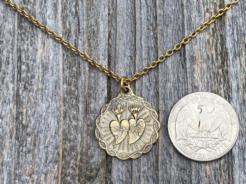 Antique Gold Sacred Heart of Jesus and Immaculate Heart of Mary Medal Pendant Necklace, Antique Replica, Twin Hearts Pendant, Catholic Medal