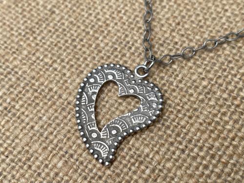 Sterling Silver Milagro Heart Pendant Necklace, Antique Replica, Mexican Milagro Heart, 18 inch sterling chain, Oxidized Heart Necklace