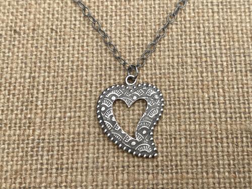 Sterling Silver Milagro Heart Pendant Necklace, Antique Replica, Mexican Milagro Heart, 18 inch sterling chain, Oxidized Heart Necklace