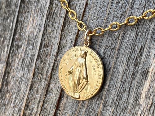 Gold Round Miraculous Medal Pendant, Antique Replica, On Heavier Textured Cable Chain Necklace, Immaculate Blessed Virgin Mary Pendant, MM2