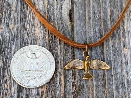 Bronze Holy Spirit Flying Dove Pendant on Suede Lace Leather, Antique Replica, Adjustable Bronze Slider Bead, Adjustable Length Necklace