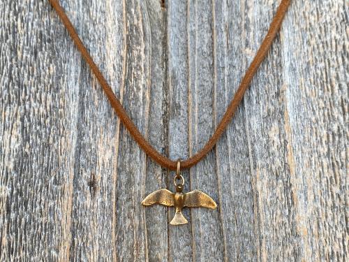 Bronze Holy Spirit Flying Dove Pendant on Suede Lace Leather, Antique Replica, Adjustable Bronze Slider Bead, Adjustable Length Necklace