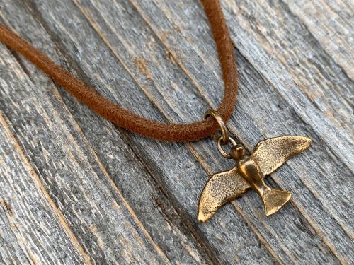 Bronze Holy Spirit Flying Dove Pendant on Suede Lace Leather, Antique Replica, Adjustable Bronze Slider Bead, Adjustable Length Necklace