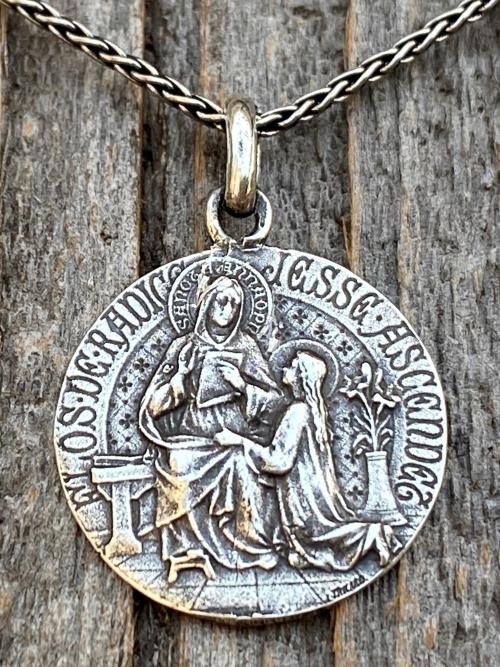 Sterling Silver St Anne Medal Pendant Necklace, French Artist Tricard, Antique Replica, Grandmother of Jesus, Patron Saint of Grandmothers