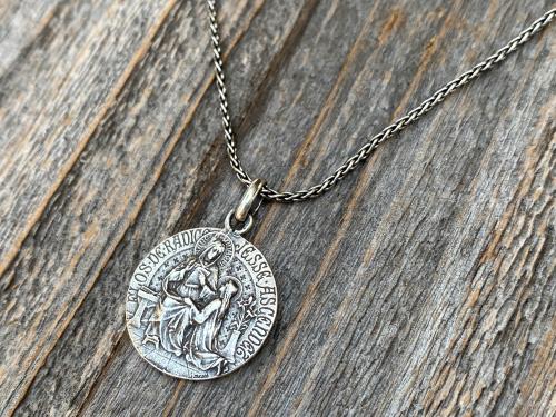 Sterling Silver St Anne Medal Pendant Necklace, French Artist Tricard, Antique Replica, Grandmother of Jesus, Patron Saint of Grandmothers