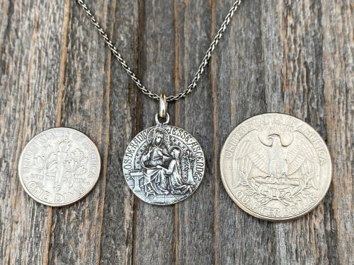 Sterling Silver St Anne Medal Pendant Necklace, French Artist Tricard, Antique Replica, Grandmother of Jesus, Patron Saint of Grandmothers