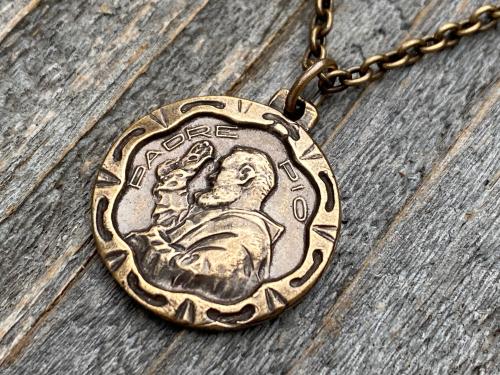 Bronze Saint Padre Pio Antique Replica Medal Pendant Necklace, Saint Pius of Pietrelcina, Stigmatized Priest, Healing, Miracles, Stigmata