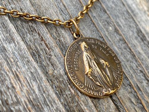 Bronze Miraculous Medal Pendant and Necklace, Antique Replica, Round Miraculous Medal, Our Lady of the Miracle, Blessed Virgin Mary. MM2