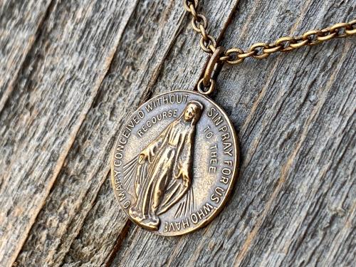 Bronze Miraculous Medal Pendant and Necklace, Antique Replica, Round Miraculous Medal, Our Lady of the Miracle, Blessed Virgin Mary. MM2