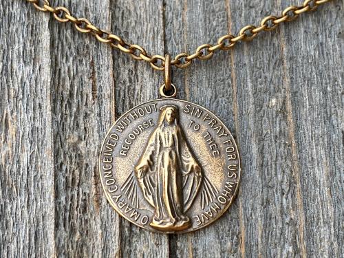 Bronze Miraculous Medal Pendant and Necklace, Antique Replica, Round Miraculous Medal, Our Lady of the Miracle, Blessed Virgin Mary. MM2