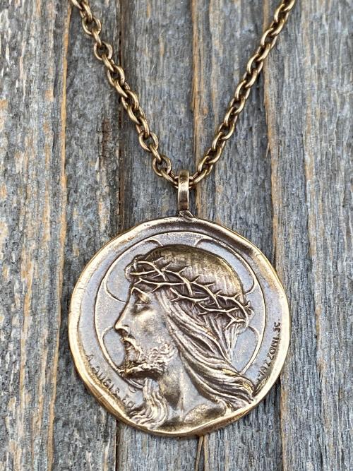 Bronze Crowned Jesus Medal and Necklace, French Antique Replica, Artists Augis and Mazzoni, Rare Jesus Pendant, Jesus Christ Crowned King