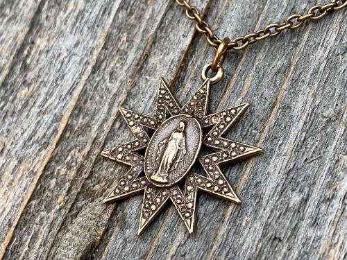 Bronze Sun Shaped Miraculous Medal Pendant Necklace, Antique Replica, Art Nouveau Miraculous Medal, Our Lady of Miracles Blessed Virgin Mary