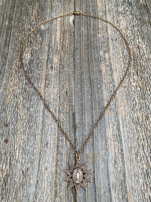 Bronze Sun Shaped Miraculous Medal Pendant Necklace, Antique Replica, Art Nouveau Miraculous Medal, Our Lady of Miracles Blessed Virgin Mary