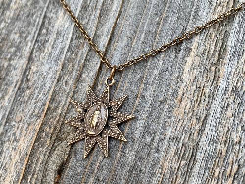 Bronze Sun Shaped Miraculous Medal Pendant Necklace, Antique Replica, Art Nouveau Miraculous Medal, Our Lady of Miracles Blessed Virgin Mary