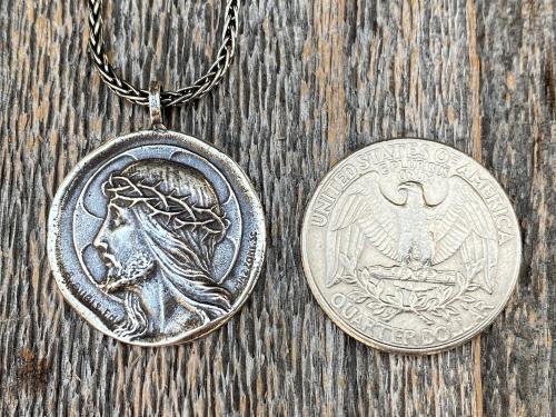 Sterling Silver Crowned Jesus Medal Pendant Necklace, French Antique Replica, Artists Augis and Mazzoni, Jesus Christ Pendant from France