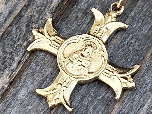 Gold Sacred Heart of Jesus Cross Medal Pendant Necklace, French Antique Replica, IHS Sacre Coeur de Jesus, Apostolat du Coeur de Jesus,