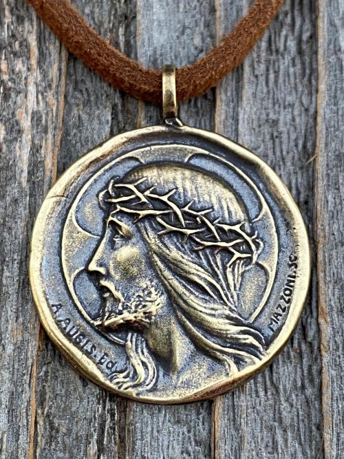 Antique Gold Crowned Jesus Medal Pendant, Brown Suede Lace Necklace, French Antique Replica, Artists Augis and Mazzoni, Rare French Medal