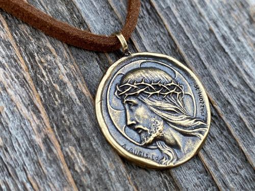 Antique Gold Crowned Jesus Medal Pendant, Brown Suede Lace Necklace, French Antique Replica, Artists Augis and Mazzoni, Rare French Medal