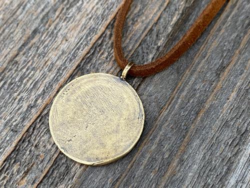 Antique Gold Crowned Jesus Medal Pendant, Brown Suede Lace Necklace, French Antique Replica, Artists Augis and Mazzoni, Rare French Medal