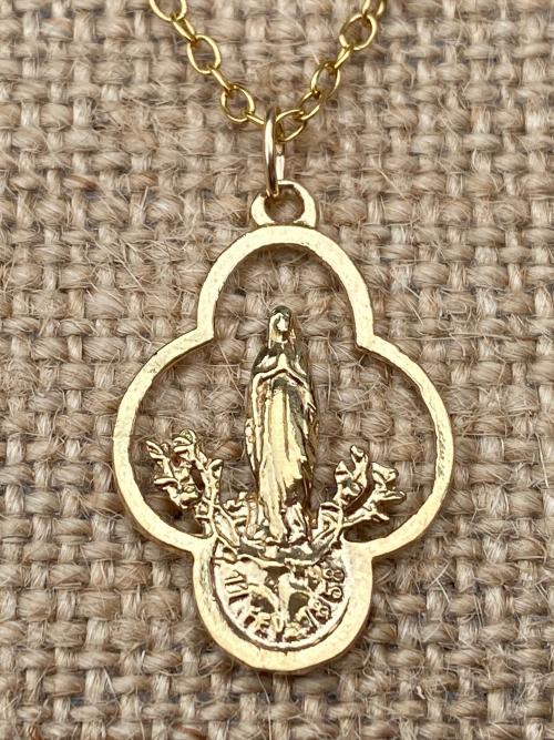 Gold Our Lady of Lourdes Medal Pendant Necklace, French Antique Replica, Immaculate Conception, Notre Dame de Lourdes Medallion, Mary Marian