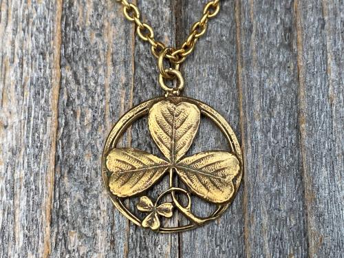 Antique Gold St. Patrick Shamrock Pendant Medal Necklace, Antique Replica, Saint Patrick Shamrock, St Patrick Doctrine of Trinity, Ireland