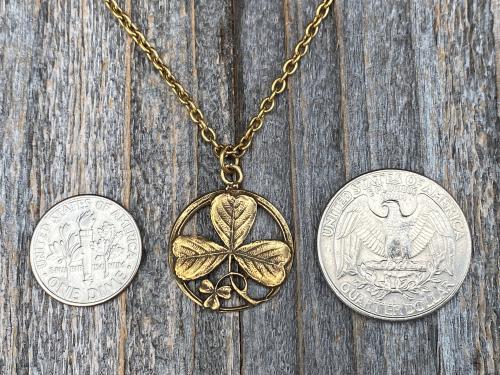 Antique Gold St. Patrick Shamrock Pendant Medal Necklace, Antique Replica, Saint Patrick Shamrock, St Patrick Doctrine of Trinity, Ireland