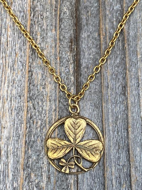 Antique Gold St. Patrick Shamrock Pendant Medal Necklace, Antique Replica, Saint Patrick Shamrock, St Patrick Doctrine of Trinity, Ireland