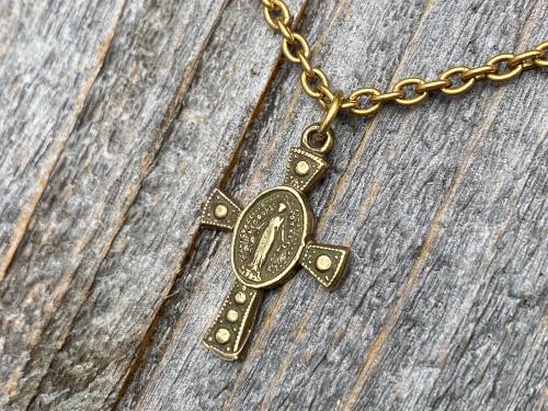 Antique Gold Miraculous Medal Cross Pendant Necklace, Antique Replica, Our Lady of Miracles, Our Lady of the Miracle, Blessed Virgin Mary