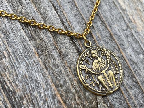 Antique Gold Notre Dame du Rosaire Medal, Our Lady of the Rosary Pendant Necklace, French Antique Replica, Blessed Virgin Mary Rare Pendant