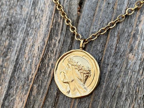 Gold Crowned Jesus Medal Pendant and Chain Necklace, French Antique Replica, By Augis and Mazzoni, Lord Jesus Christ, Rare French Medal