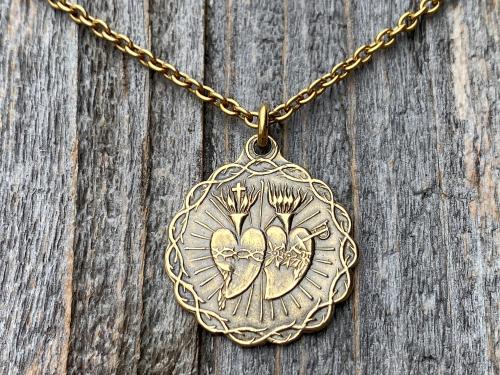 Antique Gold Sacred Heart of Jesus and Immaculate Heart of Mary Medal Pendant Necklace, Antique Replica, Twin Hearts Pendant, Catholic Medal