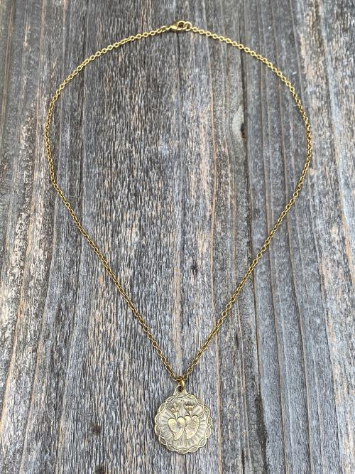 Antique Gold Sacred Heart of Jesus and Immaculate Heart of Mary Medal Pendant Necklace, Antique Replica, Twin Hearts Pendant, Catholic Medal