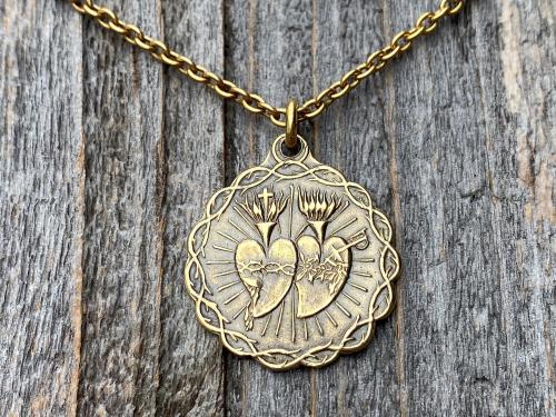 Antique Gold Sacred Heart of Jesus and Immaculate Heart of Mary Medal Pendant Necklace, Antique Replica, Twin Hearts Pendant, Catholic Medal