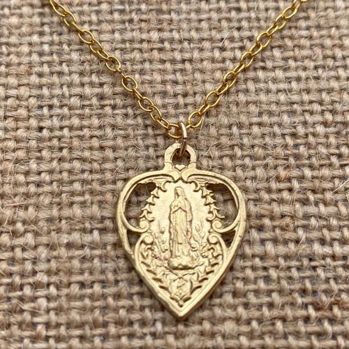 Gold Our Lady of Lourdes Heart Medal Pendant Necklace, Antique Replica of Lourdes Souvenir, Immaculate Conception, Blessed Virgin Mary Medal