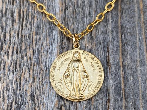 Gold Round Miraculous Medal Pendant, Antique Replica, On Heavier Textured Cable Chain Necklace, Immaculate Blessed Virgin Mary Pendant, MM2