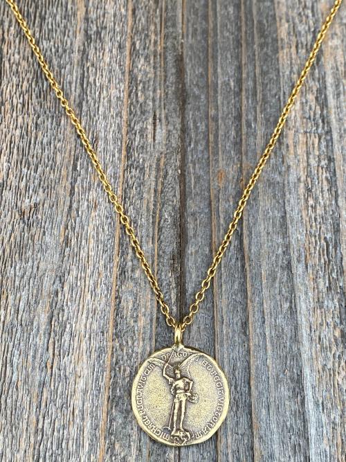 Antique Gold St Michael Latin Medal and Necklace, French Antique Replica, Saint Michael the Archangel, St Michel, Protection against Satan