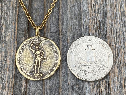 Antique Gold St Michael Latin Medal and Necklace, French Antique Replica, Saint Michael the Archangel, St Michel, Protection against Satan