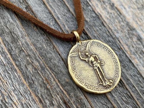 Antique Gold St Michael Latin Medal and Necklace, French Antique Replica, Saint Michael the Archangel, St Michel, Protection against Satan